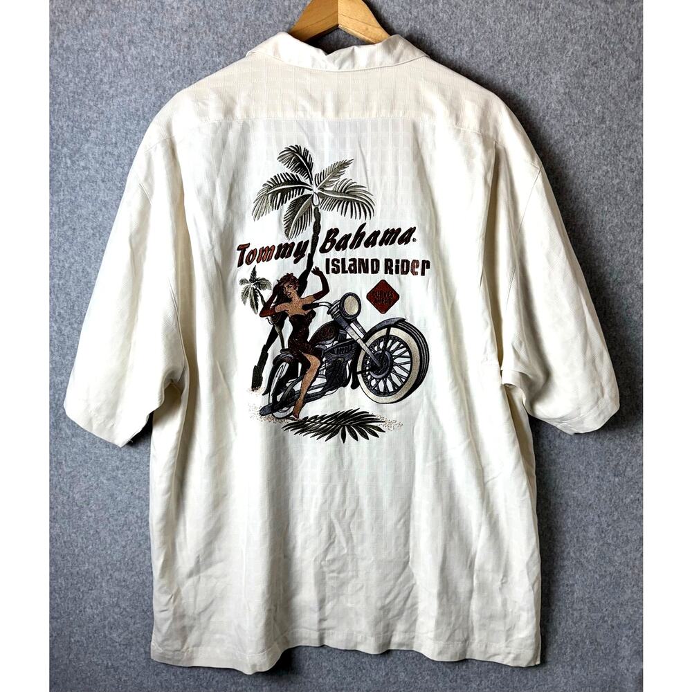 RARE VTG Tommy Bahama Embroidered Camp Shirt 100% Silk Island Rider Motorcycle